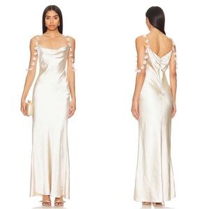 SELF-PORTRAIT Satin Flower Floral Champagne Off the Shoulder Maxi Dress Size 2